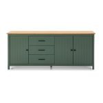 Credenza Miranda con 3 ante e 3 cassetti in legno massiccio verde con top pino