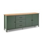 Credenza Miranda con 3 ante e 3 cassetti in legno massiccio verde con top pino