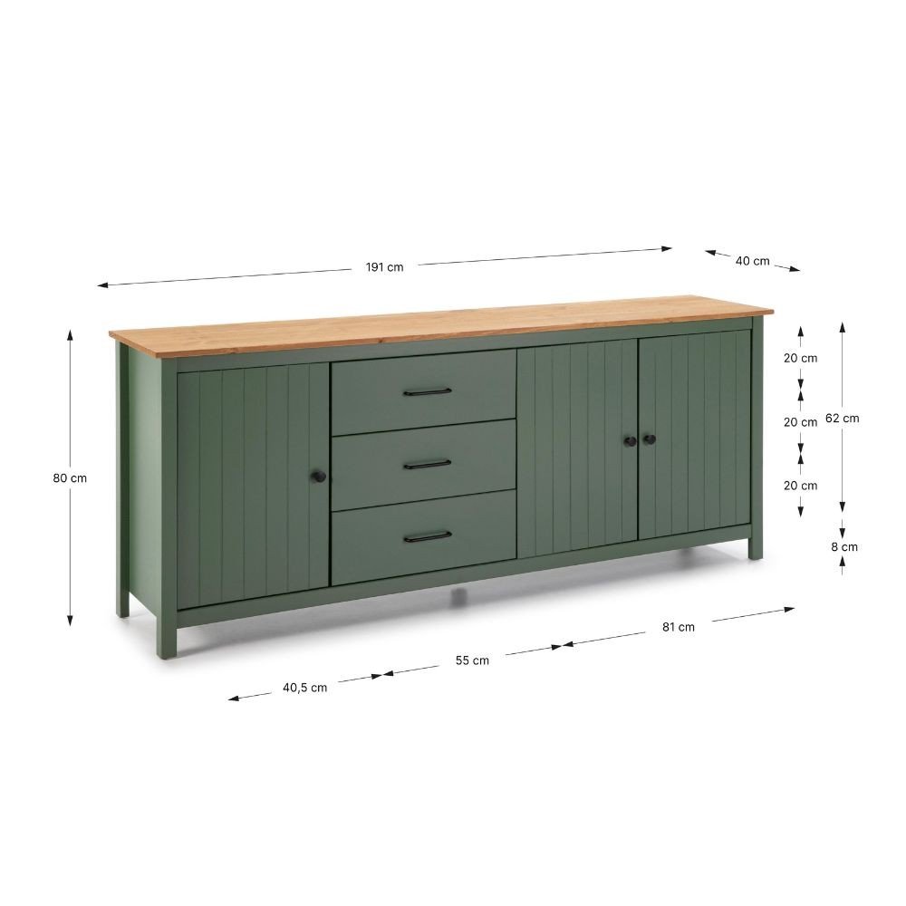 Credenza Miranda con 3 ante e 3 cassetti in legno massiccio verde con top pino
