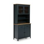 Credenza Miranda con vetrina 4 ante e due cassetti in legno massiccio blu e rovere
