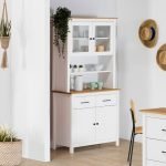 Credenza Miranda con vetrina 4 ante e due cassetti in legno massiccio colore bianco e rovere