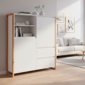 Credenza alta New Denver51 con vani a giorno due ante e due cassetti colore bianco e rovere