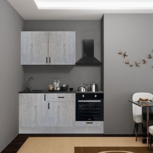 Cucina Asti 180 cm. reversibile elettrodomestici inclusi colore rovere grigio chiaro e maniglie in metallo nero