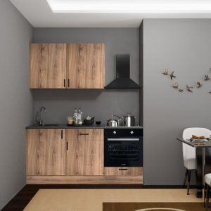 Cucina Asti 180 cm. reversibile elettrodomestici inclusi colore rovere nodato e maniglie in metallo nero