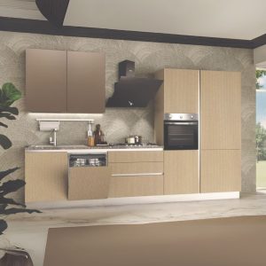 Cucina completa Lily Destra con struttura in grigio perla pensili in ossido e basi e colonne sabbia