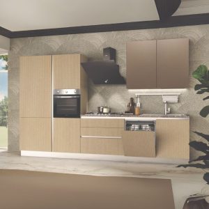 Cucina completa Lily Sinistra con struttura in grigio perla pensili in ossido e basi e colonne sabbia