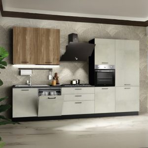 Cucina completa Micol destra con struttura in antracite basi e colonne in cemento bianco e pensili in olmo tabacco