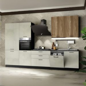Cucina completa Micol sinistra con struttura in antracite basi e colonne in cemento bianco e pensili in olmo tabacco