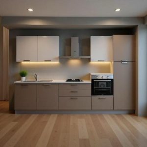 Cucina lineare Luna ml.330 con colonna destra e base tortora e pensili bianchi