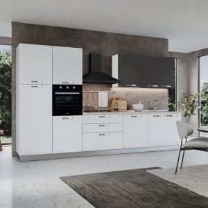 Cucina reversibile Iris 360 cm con cassa bianca base e colonne bianco lucido e e pensili grafite