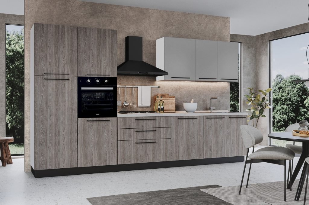Cucina reversibile Iris 360 cm con cassa bianca base e colonne forest grigio e pensili grigio chiaro