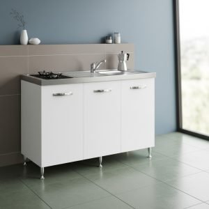 Cucinino Indiano120K30 con sottolavello 3 ante bianco frassinato con top inox e piano cottura a gas in vetro temperato
