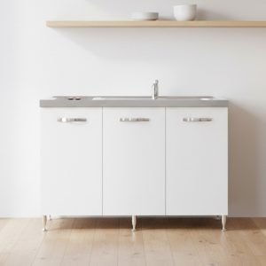 Cucinino Indiano120VT2 con sottolavello 3 ante bianco frassinato con top inox e piano cottura in vetroceramica elettrico 2 zone