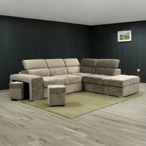 Divano angolare reversibile Positano con 5 poggiatesta regolabili e 2 pouf indipendenti in Barrel 09 cappuccino