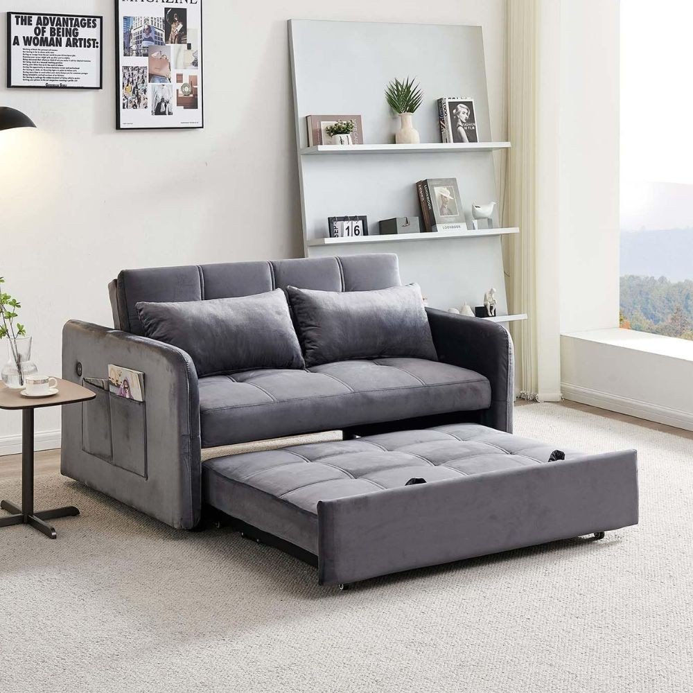 Divano letto Clorene in velluto grigio con tasche e presa USB laterale