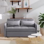 Divano letto Clorene in velluto grigio con tasche e presa USB laterale
