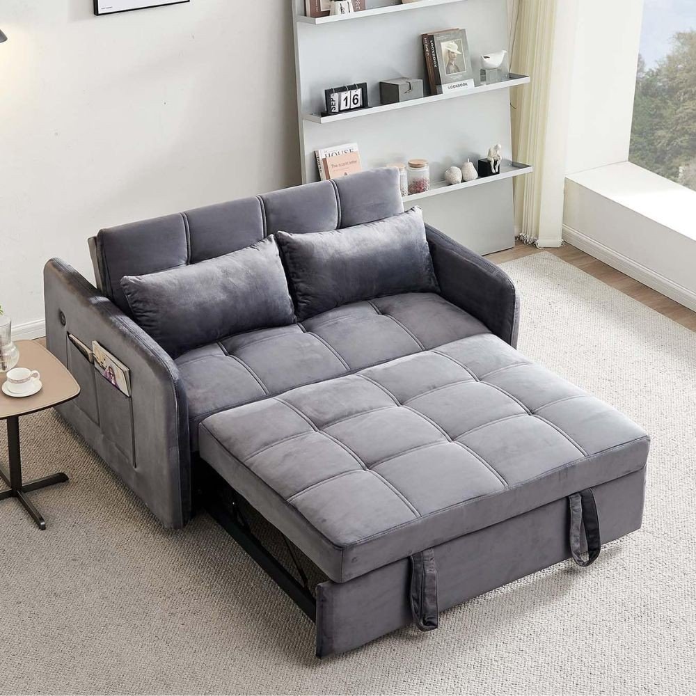 Divano letto Clorene in velluto grigio con tasche e presa USB laterale