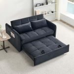 Divano letto Clorene in velluto nero con tasche e presa USB laterale