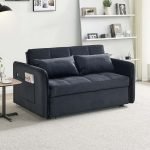 Divano letto Clorene in velluto nero con tasche e presa USB laterale