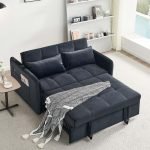 Divano letto Clorene in velluto nero con tasche e presa USB laterale
