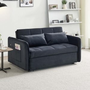 Divano letto Clorene in velluto nero con tasche e presa USB laterale