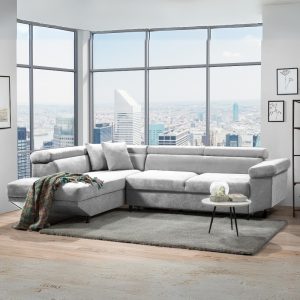 Divano letto Denver con penisola contenitore sinistra in Ronda 80 grigio chiaro