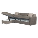 Divano letto Dugo con penisola contenitore reversibile in tessuto Mina 07 tortora e piedini cromo