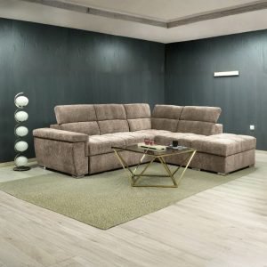 Divano letto angolare reversibile Amalfi con 5 poggiatesta regolabili e pouf indipendente in tessuto Giulia 9703 cappuccino