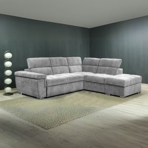 Divano letto angolare reversibile Amalfi con 5 poggiatesta regolabili e pouf indipendente in tessuto Giulia 9712 grigio chiaro