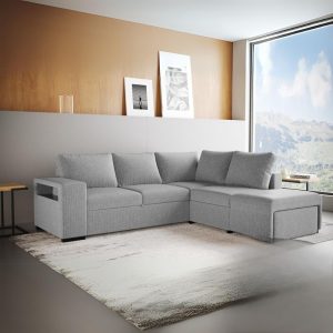 Divano letto angolare reversibile Jozzis con vano contenitore e pouf in tessuto Zenith C1756 grigio