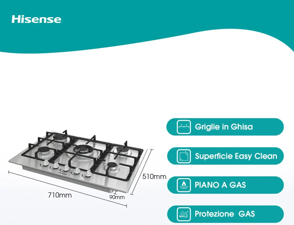 Piano Cottura 5 Fuochi Hisense a Gas da Incasso Larghezza 70 cm Griglie in Ghisa colore Inox - GM773XF