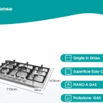 Piano Cottura 5 Fuochi Hisense a Gas da Incasso Larghezza 70 cm Griglie in Ghisa colore Inox - GM773XF