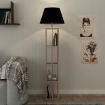 Lampada da terra Giorno con libreria rovere e parlume nero