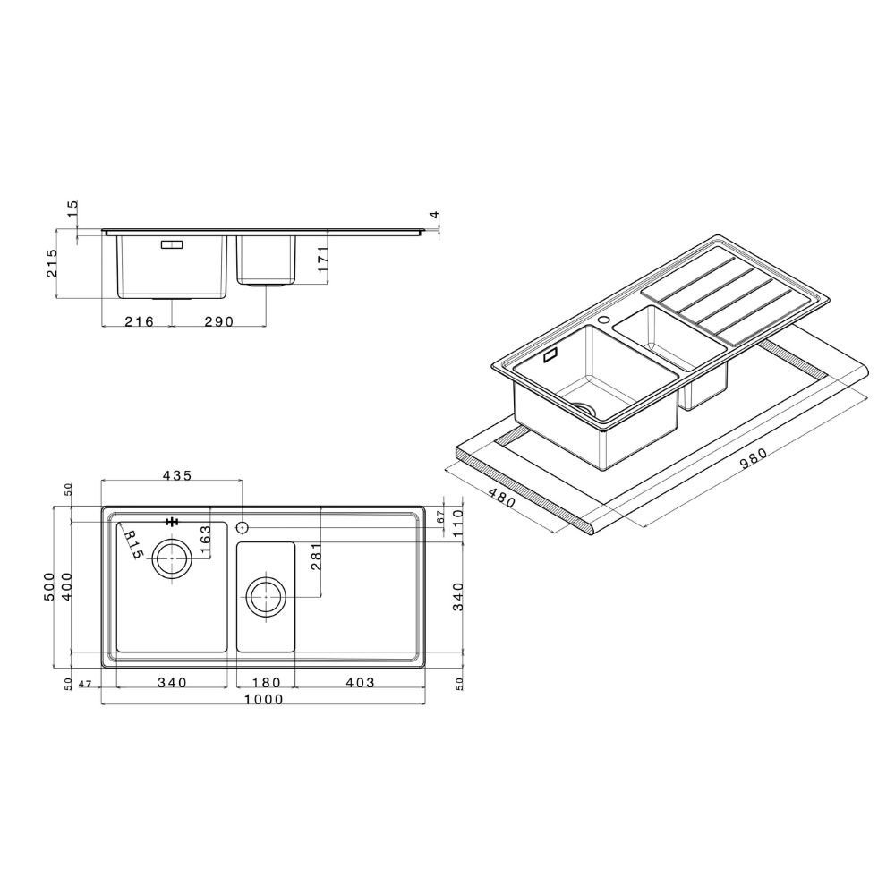 Lavello incasso LNP1002IRB 1 vasca e 1/2 con gocciolatoio destro 100x50 inox