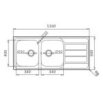 Lavello incasso Tirreno116 con 2 vasche sinistre e gocciolatoio destro inox