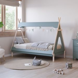 Letto a capanna Nora in legno massiccio colore verde petrolio e bianco