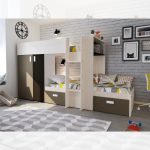 Letto a castello 1371 bianco vintage, beige e marrone con armadio e cassetti reversibili
