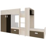 Letto a castello 1371 bianco vintage, beige e marrone con armadio e cassetti reversibili