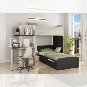Letto a castello 6885 con scrivania reversibile bianco vintage antracite