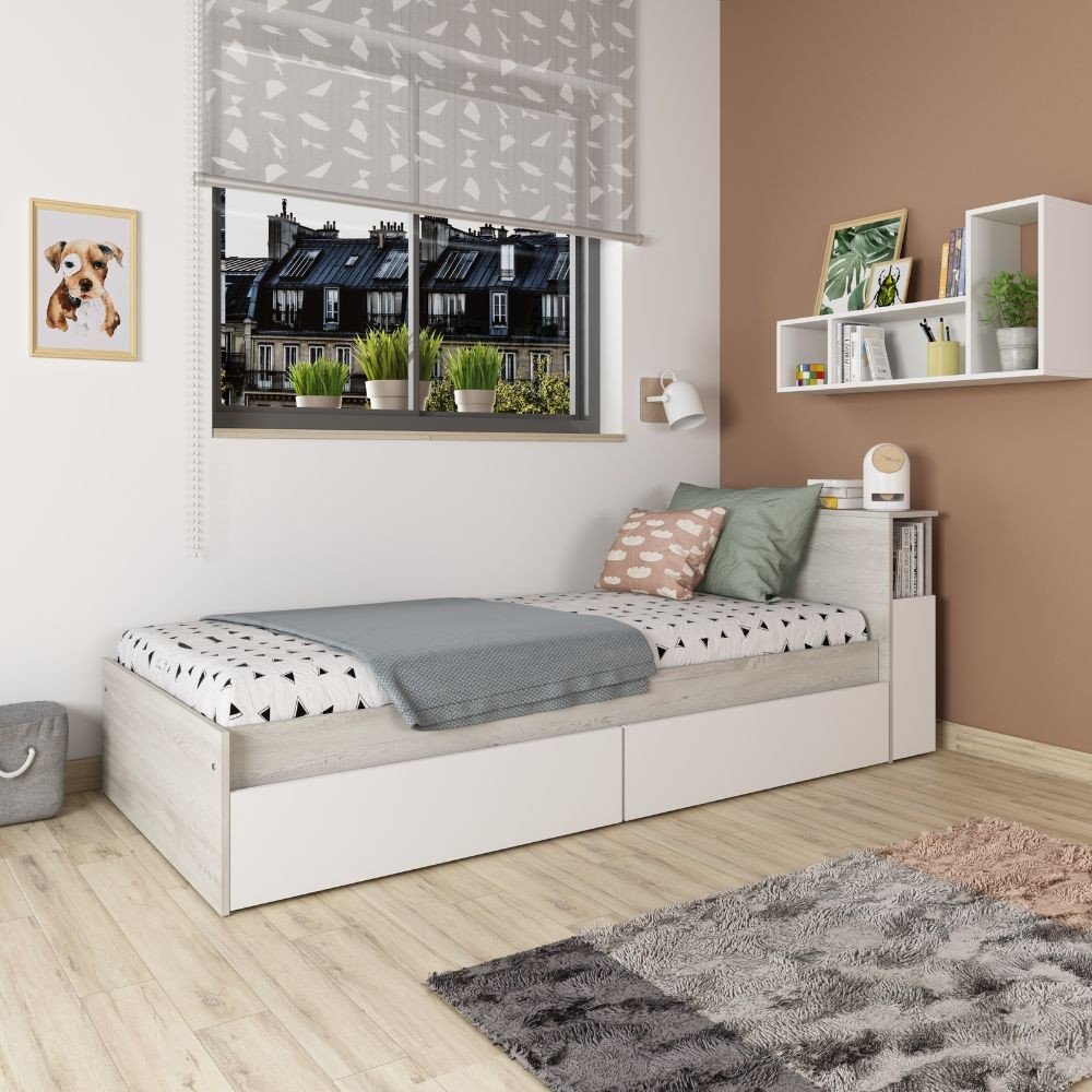 Letto singolo 1666 bianco vintage e bianco con comodino estraibile