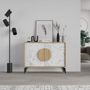 Madia Gora 110 cm struttura colore rovere con ante carrara effetto marmo bianco