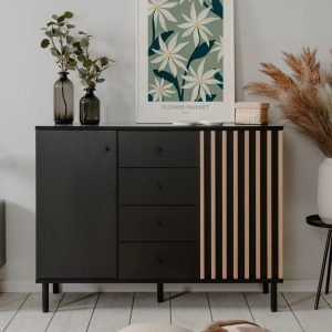 Madia Monza 01B con 2 ante e 4 cassetti colore nero con listelli rovere effetto cannettato