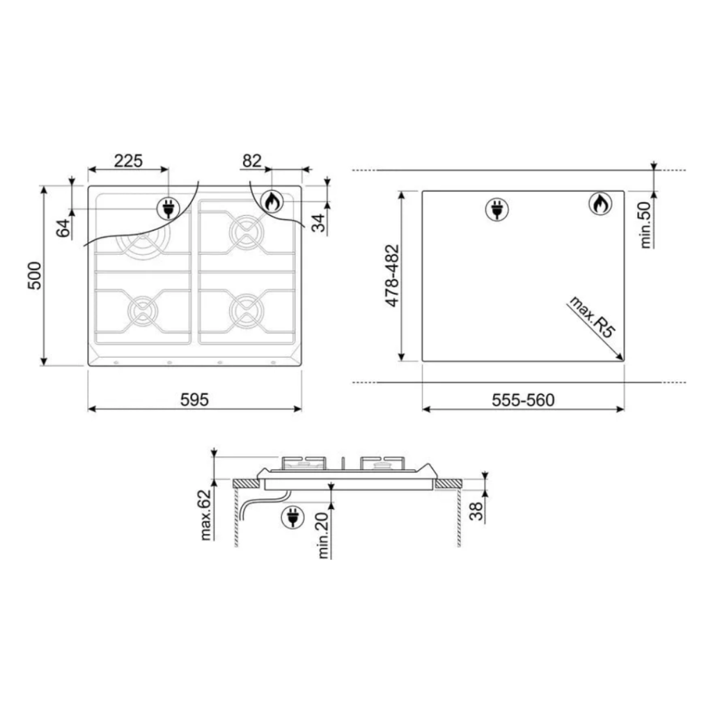 Piano Cottura SMEG 4 Fuochi a Gas 60 cm - SRV564GH3