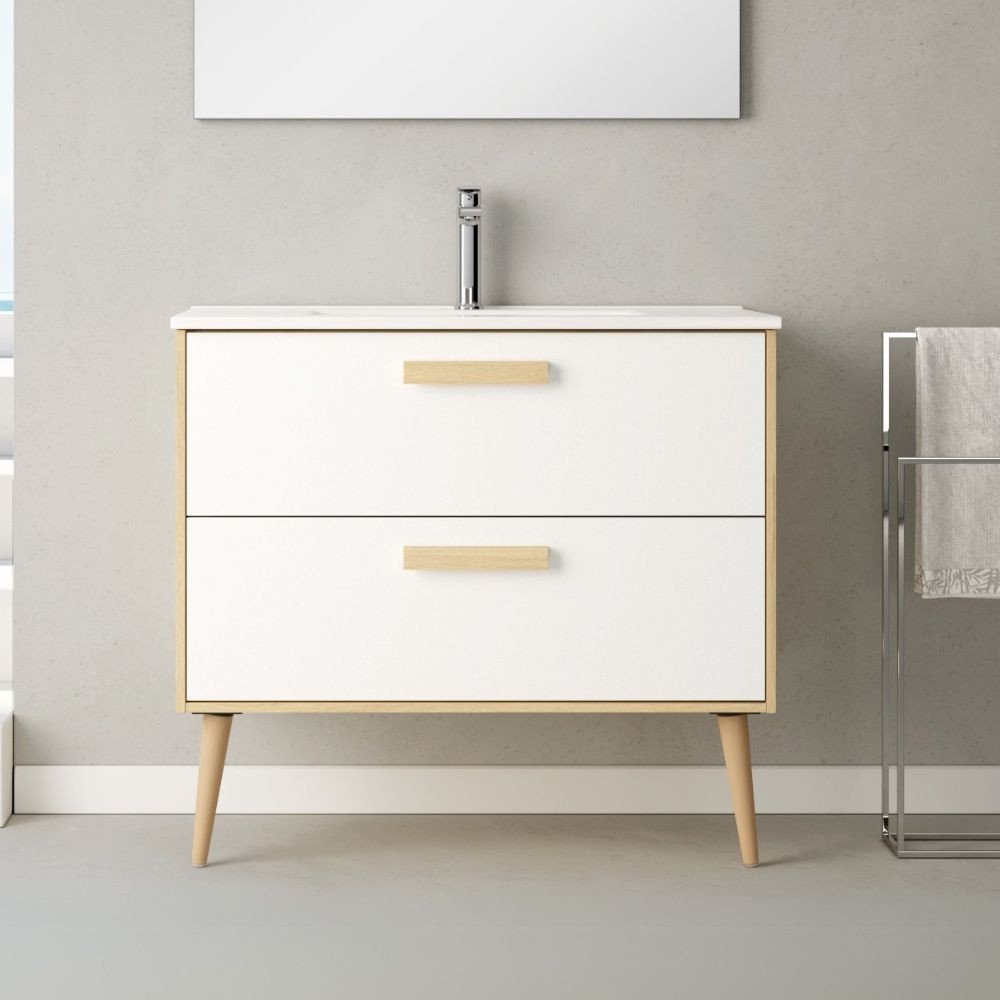 Mobile bagno Nordic con struttura in rovere e 2 cassetti bianco opaco