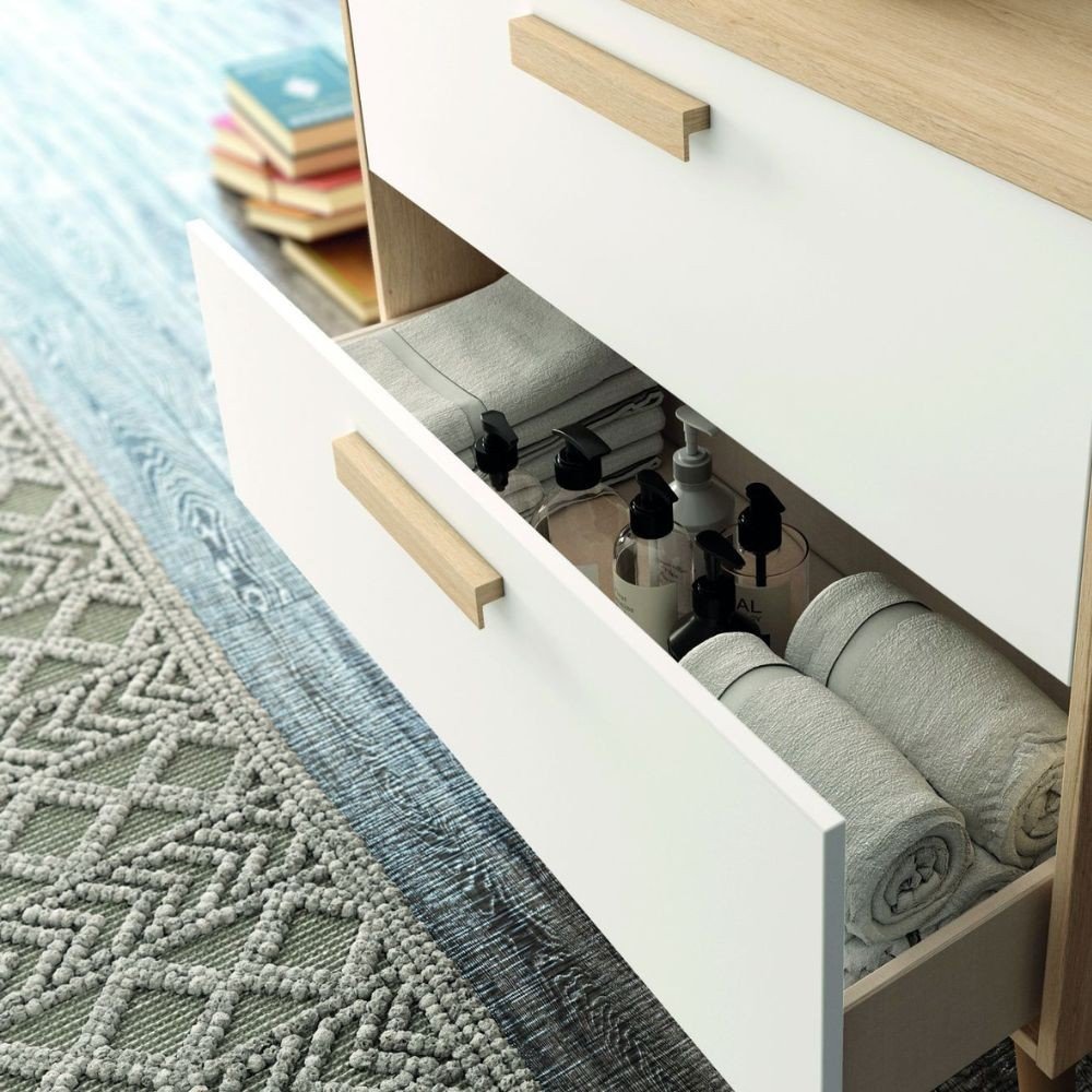 Mobile bagno Nordic con struttura in rovere e 2 cassetti bianco opaco