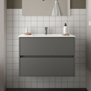 Mobile bagno sospeso Claros80 grigio opaco con lavabo 2 cassetti 80x45x56h