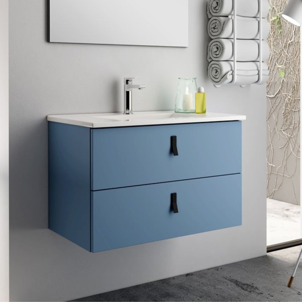 Mobile bagno sospeso Invicta con due cassetti colore blu e maniglie nere 60x45x48 cm.
