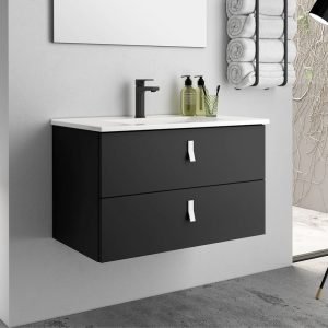 Mobile bagno sospeso Invicta con due cassetti colore nero e maniglia bianca 80x45x48 cm.