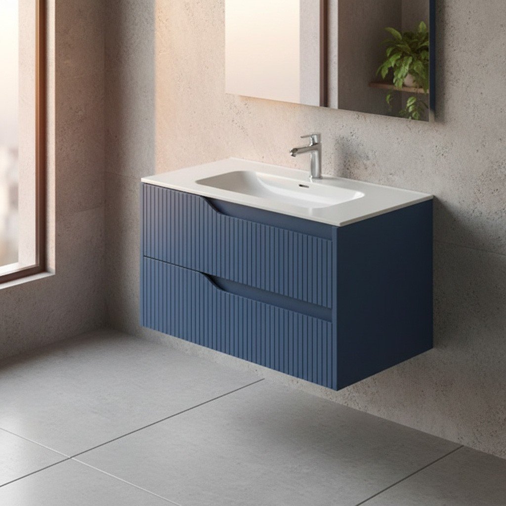Mobile bagno sospeso Soho con due cassetti effetto cannettato colore azzurro 80x45x50 cm.