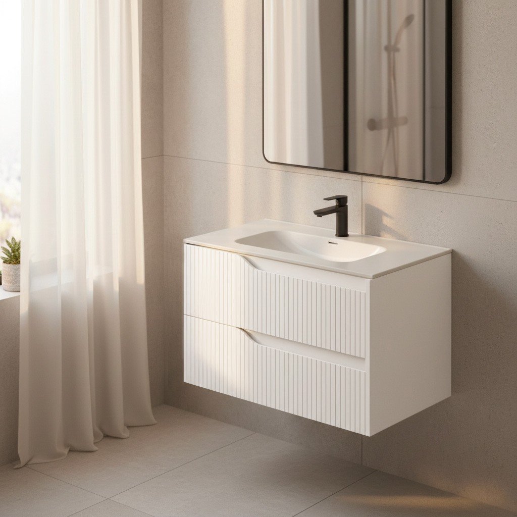 Mobile bagno sospeso Soho con due cassetti effetto cannettato colore bianco opaco 80x45x50 cm.
